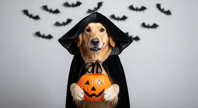 Golden retriever dog in black Halloween costume holding pumpkin candy bucket against gray background with bats, showcasing festive pet, autumn, spooky theme