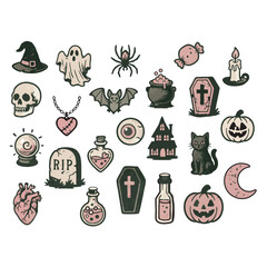 Spooky cartoon halloween icon vector set sticker 