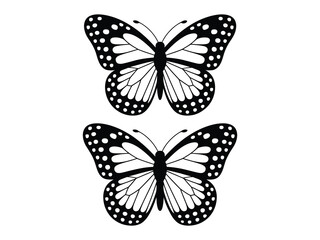 Fototapeta premium A simple black and white vector illustration featuring two monarch butterflies with patterned wings, isolated on a clean background