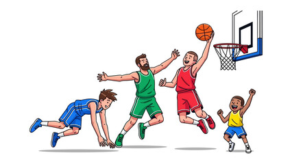 Basketball Action: A vibrant illustration captures the dynamic energy of a basketball game, with players engaged in action, showcasing teamwork, skill, and competitive spirit.
