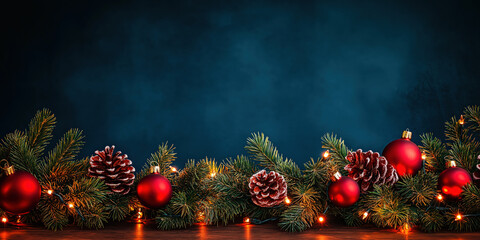 Festive Christmas border with evergreen fir tree branches, pine cones, red berries and sparkling baubles on dark blue background