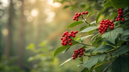 Close-Up of Red Berries on Green Leaves in Natural Forest Background
