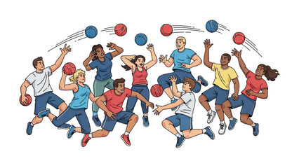 Dodgeball game in motion: A group of enthusiastic people participate in a dynamic game of dodgeball, the illustration highlights teamwork, competition, and athletic skill.