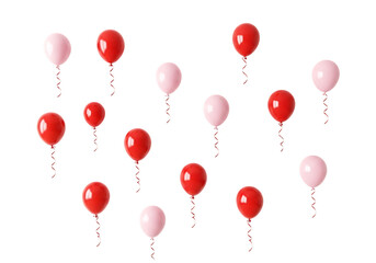 Group of red and pink balloons floating upwards isolated on transparent background