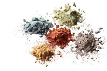 Four piles of colorful powder, scattered and overlapping, against a black background.  The powders vary in shade from light beige to deep terracotta.  A dynamic, textured look