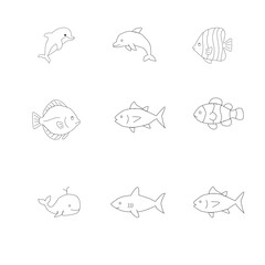 seamless pattern with sea animals. Cute hand drawn sea animals doodle set. Cute Fish Line Art . Minimalist Fish Outline . Funny Fish Doodle Vector . Adorable Fish Cartoon Sketch. 