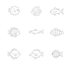seamless pattern with sea animals. Cute hand drawn sea animals doodle set. Cute Fish Line Art . Minimalist Fish Outline . Funny Fish Doodle Vector . Adorable Fish Cartoon Sketch. 