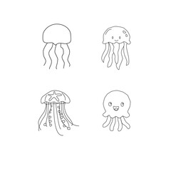 seamless pattern with sea animals. Cute hand drawn sea animals doodle set.Cute Jellyfish Line Art . Minimalist Jellyfish Outline . Funny Jellyfish Cartoon Vector . Adorable Jellyfish Doodle
