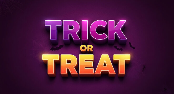 3D text "Trick or Treat" on purple background,  glowing orange and purple letters, bats and cobwebs,  Halloween design, free space for text