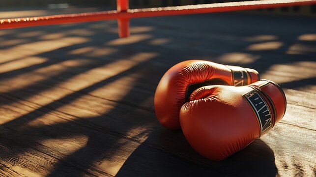 Close-up of gloves resting on boxing ring corner pad, soft shadows - Powered by Adobe