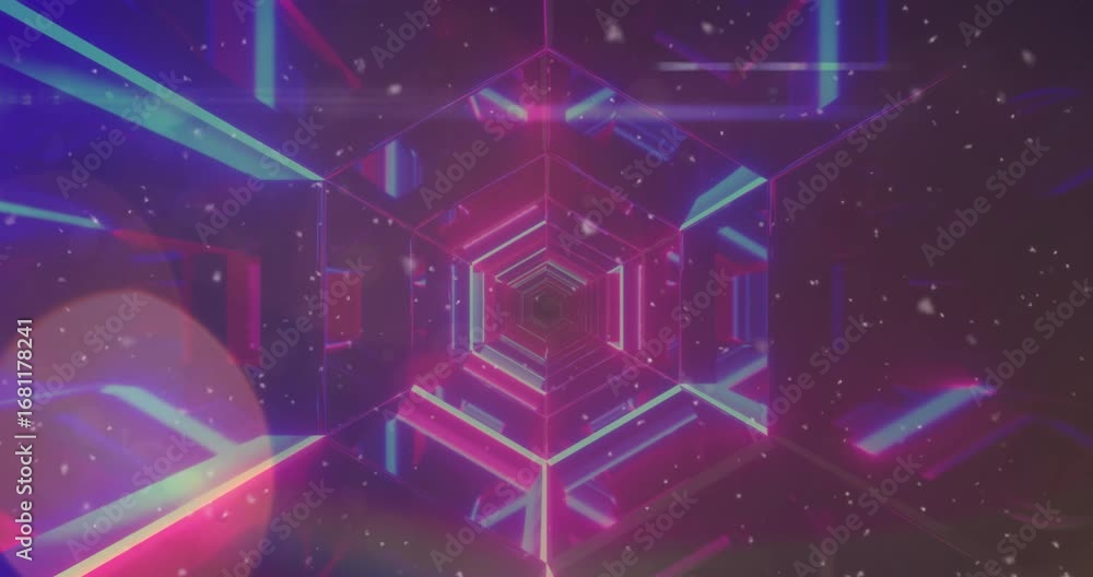 Poster animation of unique illuminated futuristic abstract design with bokeh and snow effect