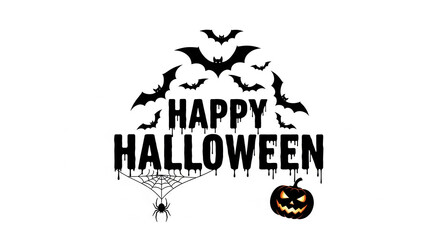Fototapeta premium Black Halloween greeting with bats, spiderweb, spider, pumpkin, dripping paint effect, white background, festive design, ideal for holiday cards or banners