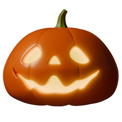 Halloween pumpkin or Jack O Lantern. 3d realistic cute pumpkin with carving glowing cheerful face. Halloween decoration. Isolated transparent png illustration