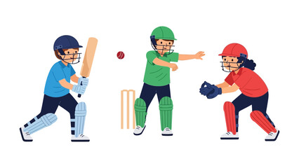 Cricket game for children: A playful and vibrant illustration capturing the spirit of cricket as children enthusiastically engage in the sport, showcasing teamwork and joyous activity.