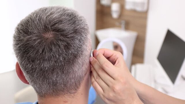 Experienced female doctor fitting Behind-The-Ear hearing aid on male patient's ear in front of the mirror while consultation in audiology clinic, close-up