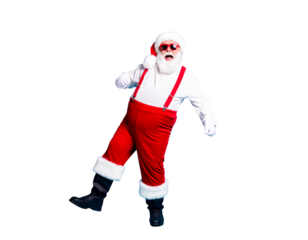 Full size photo of funky fat crazy santa claus with big abdomen beard dance x-mas chr
