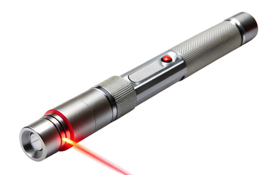 High-quality image of a silver presentation laser pointer with red beam isolated transparent background