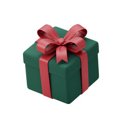 An elegant dark green gift box tied with a large red ribbon and bow, isolated on a white background.