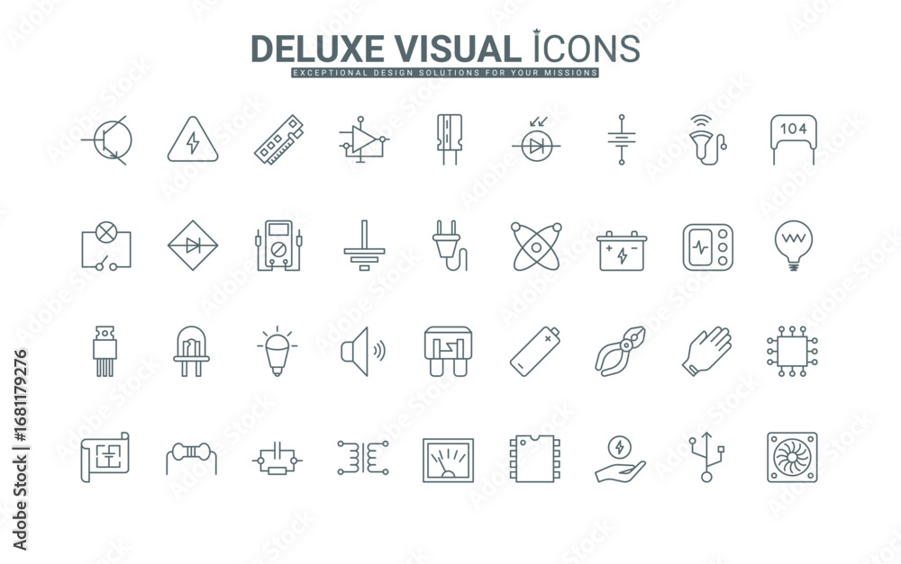 Poster hardware elements and circuit, device to measure voltage and current thin black outline symbols vect