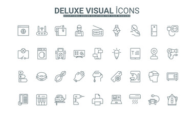 Household, laundry and kitchen equipment, virtual reality glasses thin black outline symbols vector illustration. Electrical appliances and devices for home and repair work line icons set.