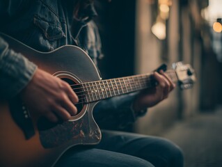 Obraz premium Man Making Melody with Acoustic Guitar 