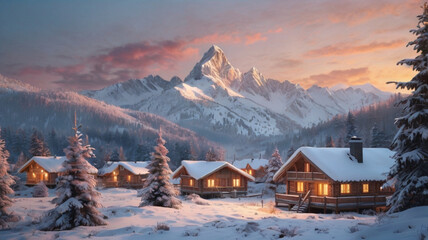Snowy Mountain Village at Dawn with Wooden Chalets and Glowing Lights