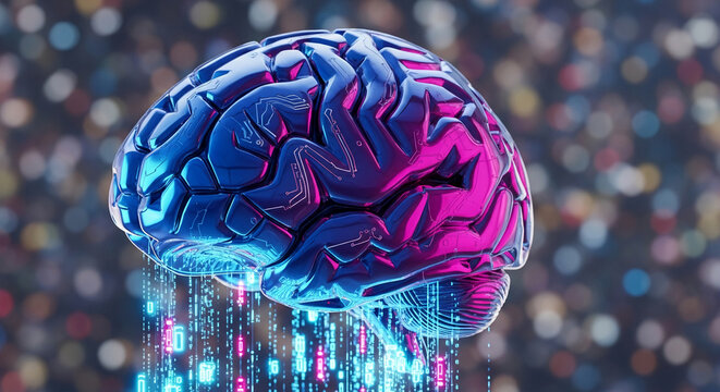 Metallic blue and pink brain model, digital data streams down, bokeh background, symbolizes artificial intelligence, neural networks, technological advancement