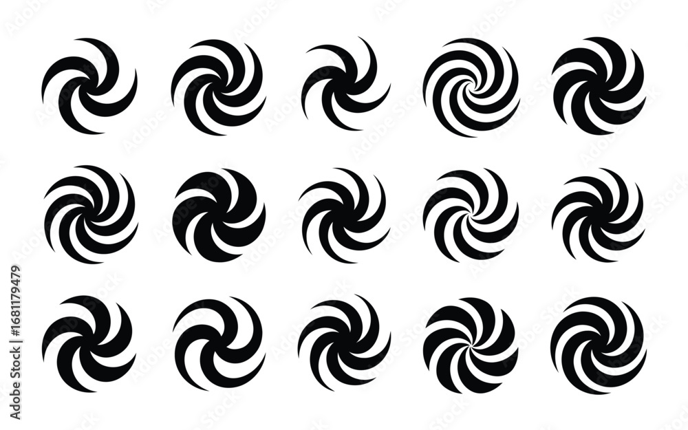 Poster vector art of set of fifteen black spiral swirl vortex shapes for abstract design elements and creat