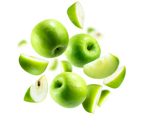 A group of green apples levitating on a white background