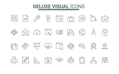 Artwork portfolio, color palette, brush, and pen of editing program thin black outline symbols vector illustration. Digital tools for graphic design and art ideas, typography line icons set.