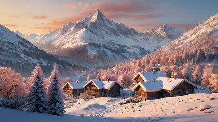 Snowy Mountain Village at Dawn with Wooden Chalets and Glowing Lights