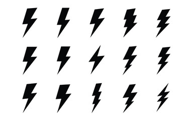Vector art of collection of fifteen black lightning bolt icons in various shapes for graphic design and creative projects
