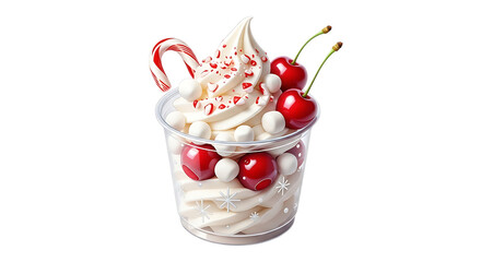 Deliciously decorated ice cream sundae with cherries and candy cane isolated on transparent background