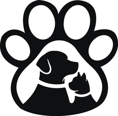Black and white graphic depicts a paw print silhouette containing the silhouettes of a dog and a cat.