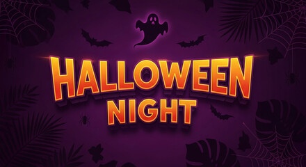 Halloween Night banner with orange and yellow 3D text on purple background, decorated with bats, ghost, spider, web and leaves, perfect for Halloween celebration