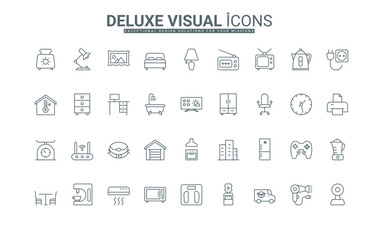 Radio, smart TV, kitchen devices, table, and chair of workplace thin black outline symbols vector illustration. Home appliances, equipment for services control, and furniture line icons set.