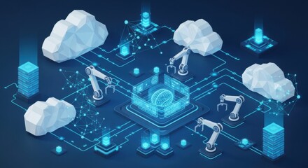 Futuristic Cloud Computing Technology with Robotic Arms and Digital Network