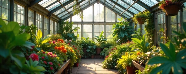 A lush, vibrant greenhouse overflowing with healthy plants and flowers, sunlight streaming through the glass roof , building, seedlings, beautiful