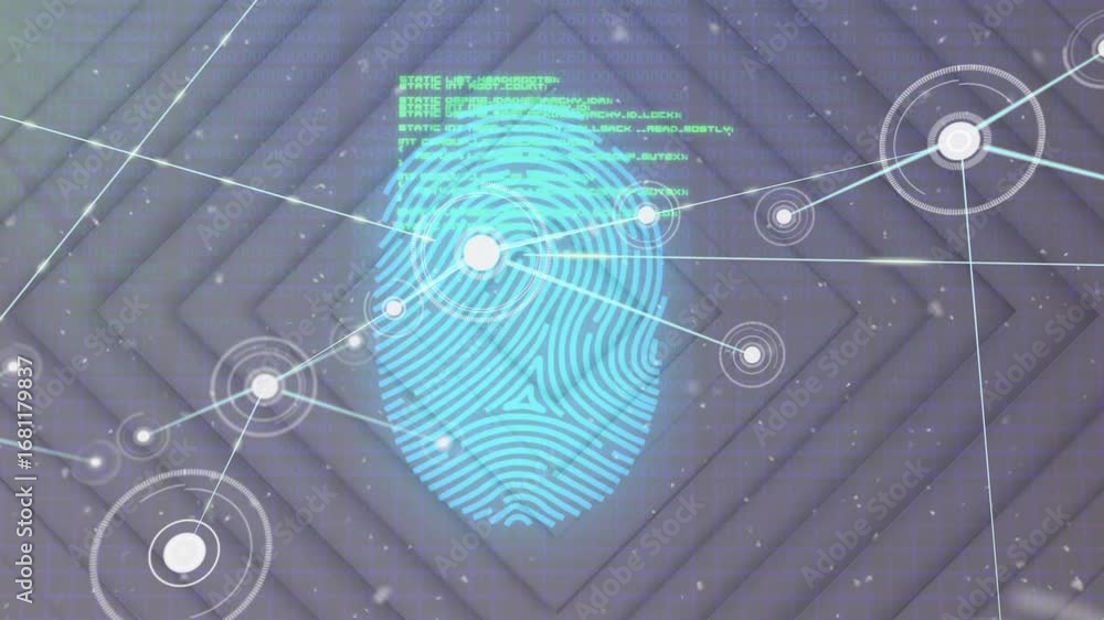 Aufkleber animation of fingerprint scanning with network connecting dots on digital interface