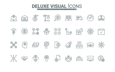 Time zone, communication, and finance thin black outline symbols vector illustration. International business, global partnership and delivery, organization of corporate solutions line icons set.