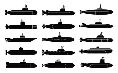 Vector art of set of various submarine silhouettes, representing naval power, underwater exploration, and military technology