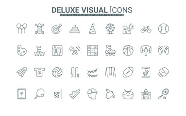 Playground and amusement park equipment, kindergarten toys thin black outline symbols vector illustration. Sports activity, education, and active outdoor games for kids line icons set.