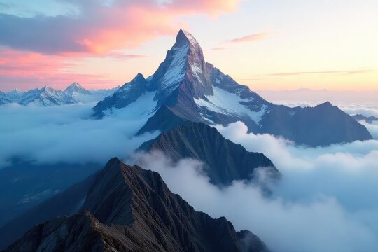 A majestic mountain peak shrouded in mist, signifying achievement and the culmination of a challenging journey Perfect for concepts of success, goals, and reaching the top , outdoors, peak, descent