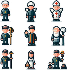 Collection of Flat Cartoon Vector Illustrations of Christian Religious Clergy, Priests, and Church Leaders with Cross, Bible, Angel Wings, Medical and Spiritual Symbols for Faith and Religion Design