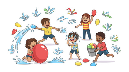 Playful Splash: A vibrant illustration captures a joyful group of kids engaged in a spirited water balloon fight, embodying the spirit of summer fun.