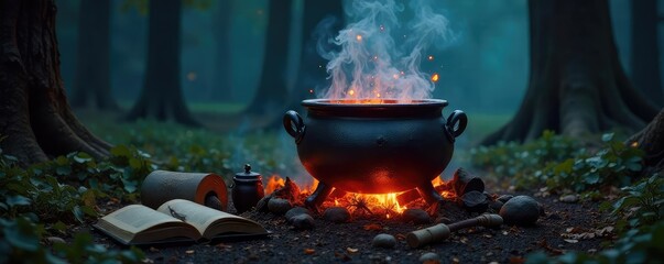 Mystical Cauldron Bubbles Over Open Fire on Halloween Night; Eerie Glow, Herbs, Spellbook, Witchcraft Theme