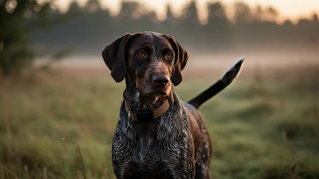 German Shorthaired Pointer Enjoying Golden Hour in Meadow, Dog Portrait Outdoor 50+