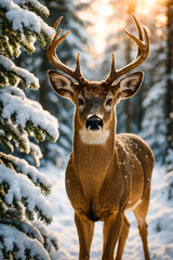 Close-up portrait of a deer with antlers in a snowy forest, framed by snow-covered pine branches, looking directly at the camera.