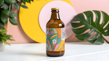 Brown glass bottle with colorful abstract label surrounded by tropical leaves and circles