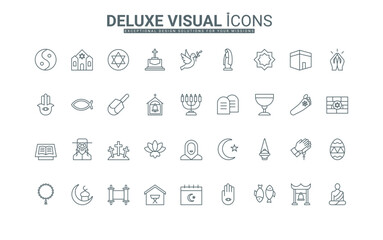 Christianity and Buddhism, Islam and Judaism temples and religious elements, holy book and prayer thin black outline symbols vector illustration. Different world religions line icons set.